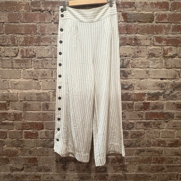 Anthropologie Cream Beige Striped Side Button Wide Leg Pants Size 6 - Picture 7 of 14